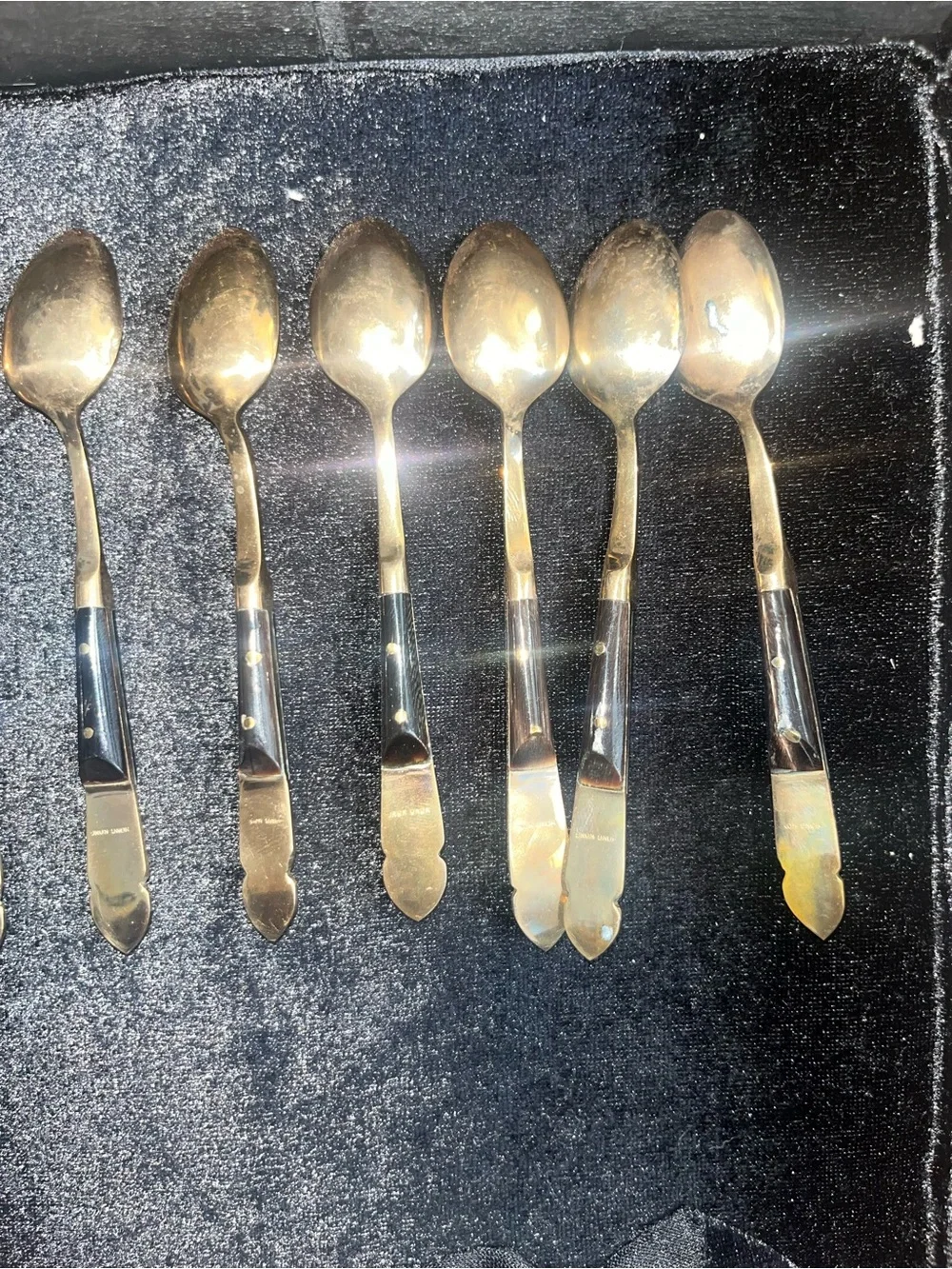 Set of 12 Vintage Thai Buddha Brass Horn Teaspoon Set Gold and Black Demitasse